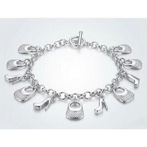 925 Stamped Silver High Heel & Handbag Charm Bracelet - High Quality 20CM